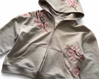 Cherry blossom embroidered zip hoodie