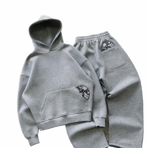 Szary komplet dresowy z kapturem i obszernym dresem w stylu ulicznym Y2K, zestaw wypoczynkowy w stylu vintage, bluza z kapturem i joggersy, unisex