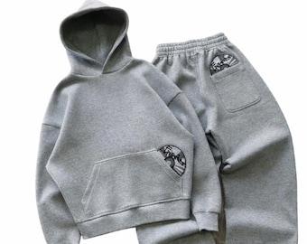 Grey Hoodie Sweatpants Set Oversized Streetwear Tracksuit Y2K Lounge Set Vintage Style Hoodie Jogger Set Unisex