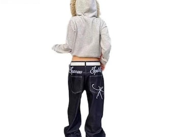 Embroidered baggy denim jeans dark