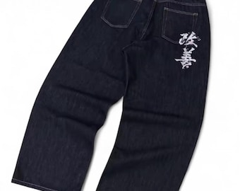 Japanese Print Baggy Jeans, Dark Wash Wide Leg Denim, Streetwear Graphic Jeans, Y2K Loose Fit Pants, Statement Denim