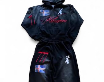 Conjunto de sudadera con capucha negra y pantalón deportivo, chándal a juego, estilo urbano con estampado gráfico oversize, conjunto deportivo unisex con estampado cruzado.