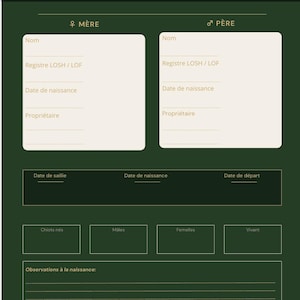 Peut inclure: Document vert foncé avec texte et cases blanches pour enregistrer des informations. Le document comprend des champs pour les détails de la mère et du père, les dates de naissance et les observations. Le texte "Nom de votre élevage" est en haut.