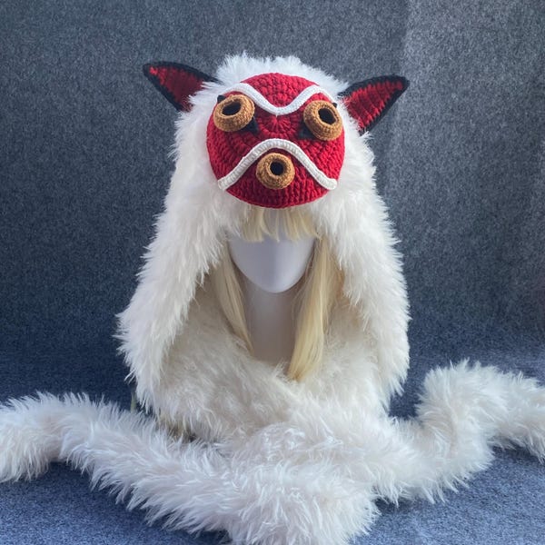 手編みのサンウルフフード｜もののけ姫コスプレ用ファー付き冬用帽子、コテージコアアニメギフト