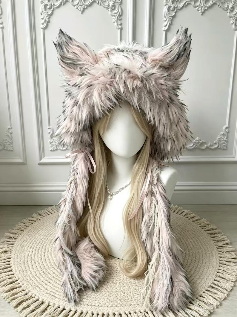 Pink Rabbit Hood Blush Pink Wolf Faux Fur Ear Hood, Festival Hat - Etsy