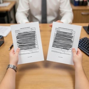 Könnte beinhalten: Zwei weiße Papierblätter mit Text werden vor einer Person gehalten, die ein weißes Hemd und eine graue Krawatte trägt. Die Papiere haben horizontale Linien und Text. Eine Person in einem blauen Hemd und einer silbernen Uhr hält die Papiere.