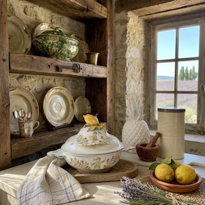 Peut inclure: Une scène de cuisine rustique avec des étagères en bois exposant des assiettes et un plat de service décoratif avec un couvercle et un citron. Un ananas blanc, un mortier et un pilon, et un récipient en céramique sont également visibles. Un bol de citrons et de lavande complètent la scène.