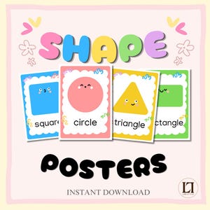 Könnte beinhalten: Ein Set aus Lernpostern mit dem Wort SHAPE in bunten Buchstaben oben und POSTERS unten. Vier Karten zeigen ein blaues Quadrat, einen rosa Kreis, ein gelbes Dreieck und ein grünes Rechteck, jeweils mit einem lächelnden Gesicht und Text.