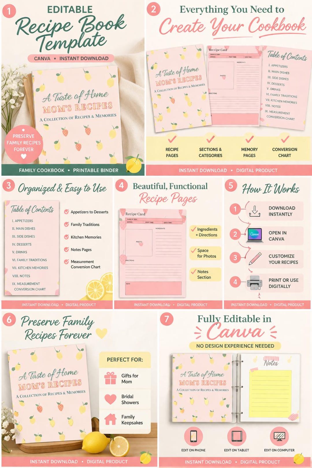 Editable Family Recipe Book Template | Canva Cookbook Binder (digital ...