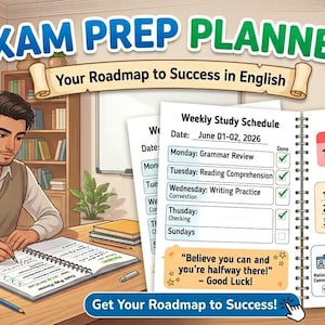 Puede incluir: Ilustración de un planificador de preparación de exámenes con el texto "EXAM PREP PLANNER" y "Your Roadmap to Success in English". Una persona escribe en un cuaderno. El planificador incluye un horario de estudio semanal y un rastreador de pruebas de práctica.