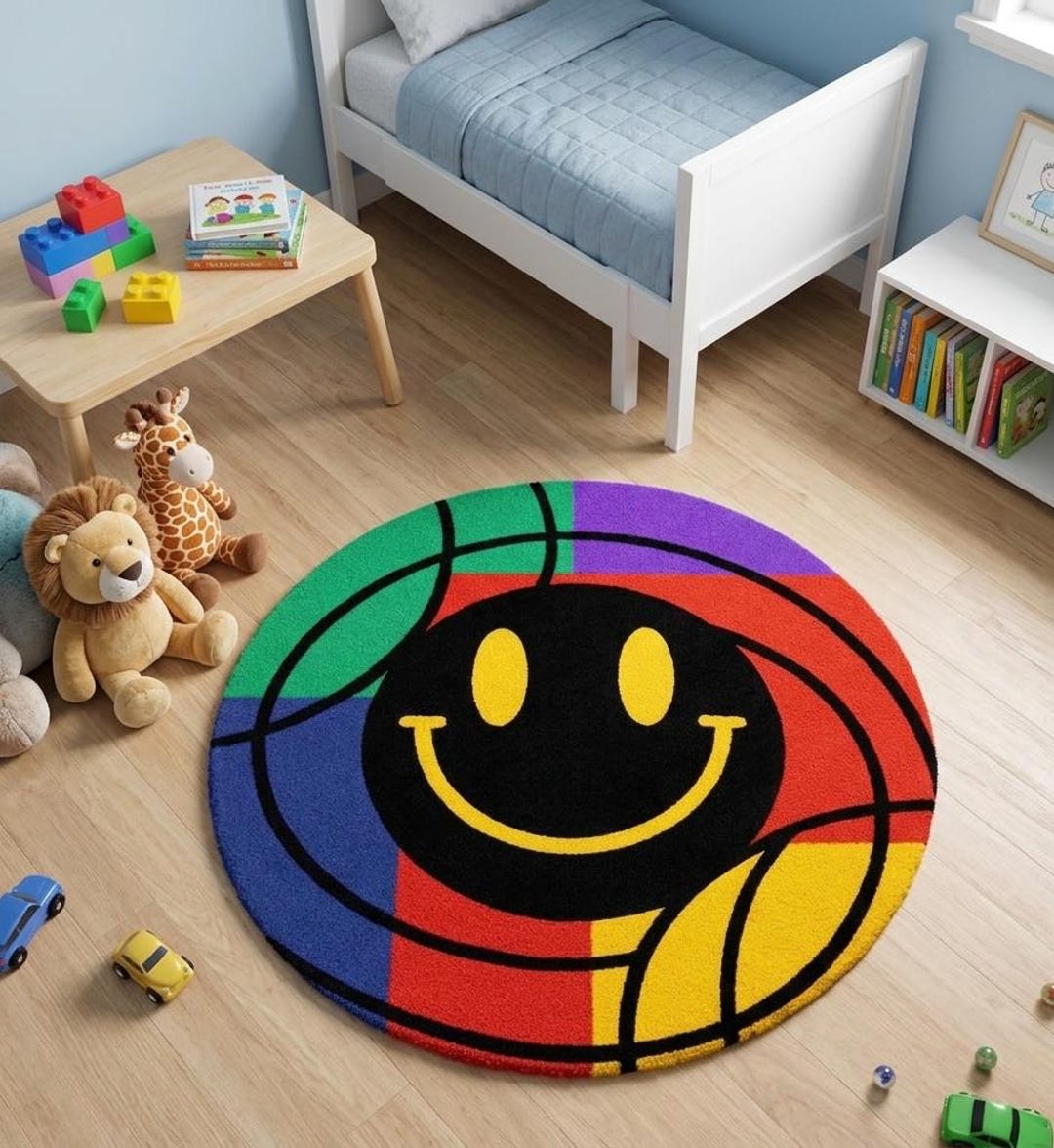Modern Smiley Face Round Rug, Colorful Tufted Kids Playroom Carpet - Etsy