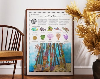 Salt Pier Bonaire Art Print, Caribbean Marine Life Watercolor Illustration
