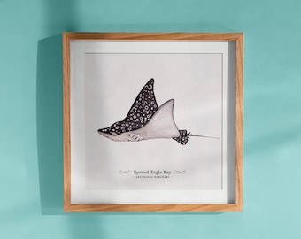 Spotted Eagle Ray Print, Ocean Wall Art, Caribbean Marine Life, Watercolor Illustration