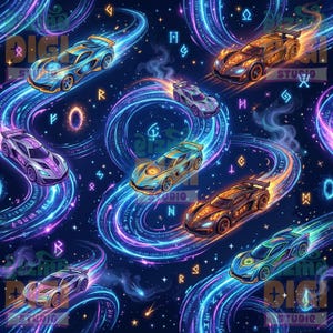 Diseño sin costuras de coches de carreras, tela digital galáctica, papel pintado de cumpleaños para niños (descarga digital)