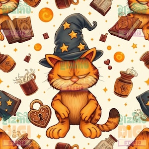 Könnte beinhalten: Ein sich wiederholendes Muster mit einer orangefarbenen Katze, die einen Zaubererhut mit goldenen Sternen trägt. Die Katze ist von Büchern, Zaubertränken, Kaffeetassen und anderen magischen Elementen umgeben. Der Hintergrund ist cremefarben mit Sternen und orangefarbenen Kreisen.
