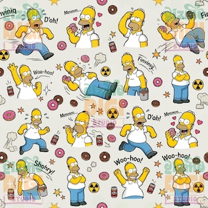 Puede incluir: Patrón repetitivo con el personaje de dibujos animados Homer Simpson en varias poses. El diseño incluye rosquillas, latas de refresco y bocadillos con frases como "D'oh!" y "Mmmm...". La paleta de colores es principalmente amarilla, blanca, azul y rosa.