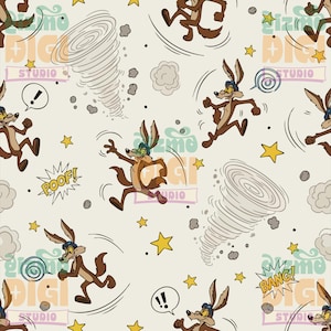 Può includere: Un motivo ripetuto con il personaggio dei cartoni animati Wile E. Coyote in varie pose d'azione. Il design include tornado stilizzati, stelle e fumetti con effetti sonori come "POOF!" e "BANG!" su sfondo crema.