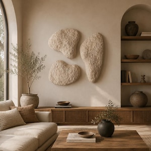 Set of 3 Handmade Textured Sculptures, Wabi Sabi Plaster Wall Art, Japandi Decor