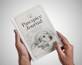 May include: A white journal titled Pawspice Journal: Quality of Life Tracker for My Senior Dog, featuring a detailed pencil-style illustration of a dog resting on a pillow, decorative leaf accents, and the brand name Olexior at the bottom.