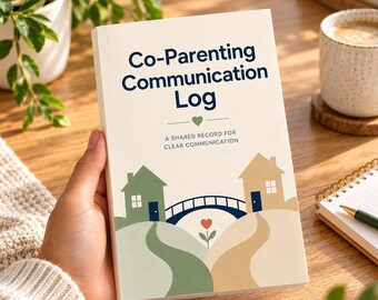 Può includere: Un libro con copertina flessibile intitolato Co-Parenting Communication Log: A Shared Record for Clear Communication. La copertina presenta una casa verde e una casa beige collegate da un ponte blu scuro, con un piccolo fiore a cuore.