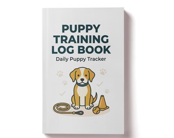 Può includere: Un registro bianco con il testo blu scuro PUPPY TRAINING LOG BOOK e Daily Puppy Tracker. La copertina presenta un'illustrazione di un cucciolo marrone e bianco, un guinzaglio arrotolato, una pallina gialla e un cono arancione, con impronte.