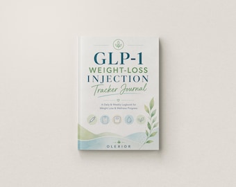 Può includere: Un diario bianco intitolato GLP-1 WEIGHT-LOSS INJECTION Tracker Journal con testo verde e blu. La copertina presenta una piccola icona a foglia, cinque icone circolari, una grafica paesaggistica in stile acquerello e il marchio OLEXIOR.