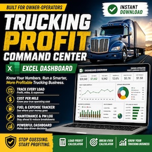 May include: A digital Excel dashboard for trucking profit management displayed on a laptop screen, featuring a blue semi-truck, charts, and financial data. Text includes TRUCKING PROFIT COMMAND CENTER, EXCEL DASHBOARD, and various business metrics.