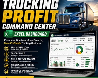 May include: A digital Excel dashboard for trucking profit management displayed on a laptop screen, featuring a blue semi-truck, charts, and financial data. Text includes TRUCKING PROFIT COMMAND CENTER, EXCEL DASHBOARD, and various business metrics.