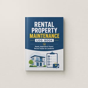 May include: A blue and white log book titled Rental Property Maintenance Log Book, Repair, Inspection & Tenant Record Tracker for Landlords. The cover features a graphic of a house, a checklist clipboard, and a toolbox with a wrench icon.