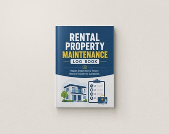 Può includere: Un registro blu e bianco intitolato Rental Property Maintenance Log Book, Repair, Inspection & Tenant Record Tracker for Landlords. La copertina presenta un grafico di una casa, una lista di controllo su una cartellina e una cassetta.