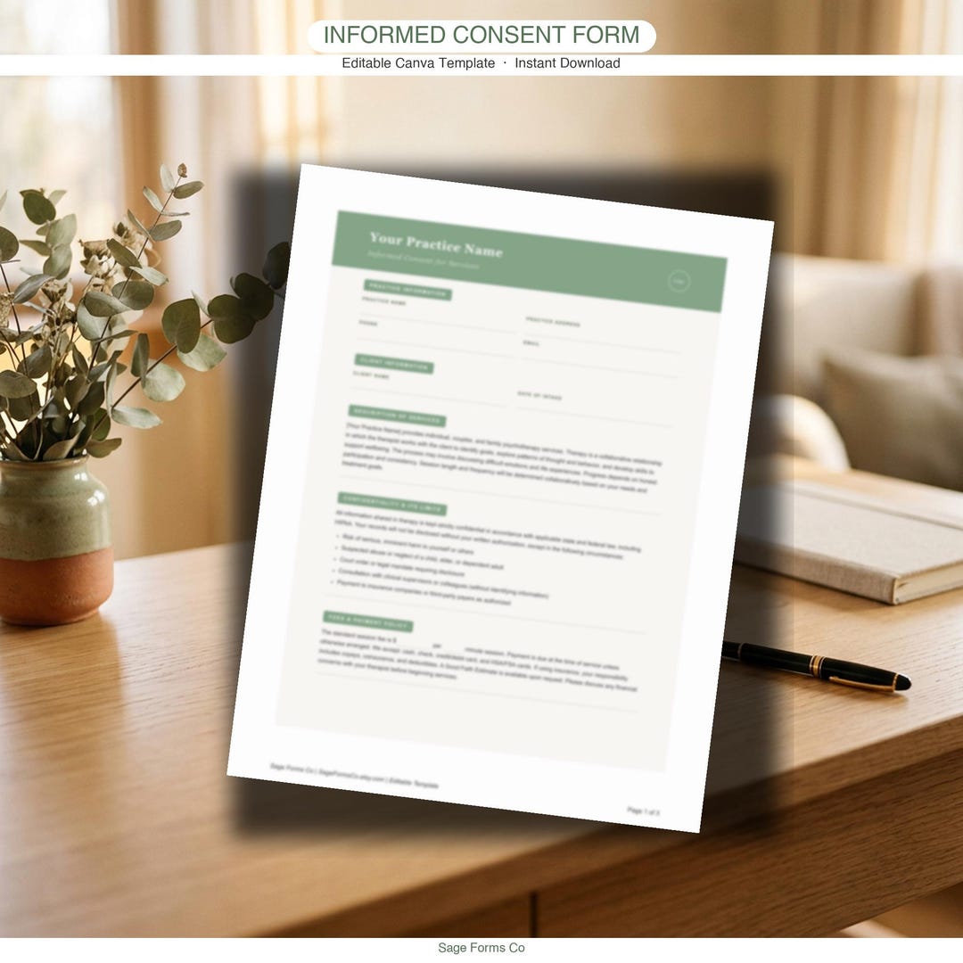 Therapist Informed Consent Form | Editable Canva Template (digital ...