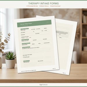 Könnte beinhalten: Zwei weiße Therapie-Aufnahmeformulare mit grünen Akzenten, die Abschnitte für persönliche und medizinische Informationen enthalten. Die Formulare tragen die Bezeichnung "Therapy Intake Forms" und enthalten den Text "6-Template Bundle Editable Canva Instant Download."