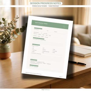 Può includere: Un modello di note di avanzamento della sessione con il testo "SESSION PROGRESS NOTES" e "Editable Canva Template - Instant Download". Il modello ha un'intestazione verde e si trova su un tavolo di legno.