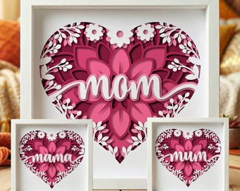 Caja de sombras de corazón 3D para el Día de la Madre SVG, Corazón floral SVG para Cricut y Silhouette, Regalo para el Día de la Madre para mamá, Arte en papel en capas, Regalo para mamá