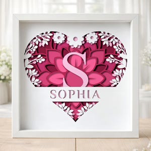 AANPASBAAR 3D hart gespleten monogram AZ Shadow Box SVG, Floral Love Svg voor Cricut, alfabet familienaambordje, gelaagde papierkunst, DIY cadeau
