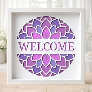 3D Welcome Flower Mandala Shadow Box SVG, Floral SVG for Cricut & Silhouette, DIY Spring Home Decor Gift, Layered Papercut Entryway Sign