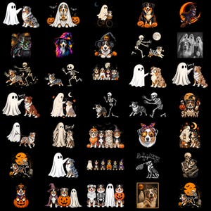 Può includere: Una collezione di illustrazioni digitali raffiguranti cani pastore australiani in varie scene a tema Halloween, tra cui fantasmi, scheletri, zucche, cappelli da strega e il testo 'Boo-p' e 'Spooky' su uno sfondo nero uniforme.