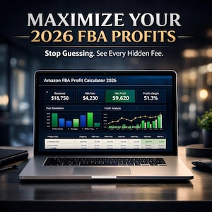 Puede incluir: Una computadora portátil muestra una calculadora de ganancias de Amazon FBA para 2026, mostrando ingresos, tarifas, ganancias netas y margen de ganancias. La pantalla presenta gráficos y análisis de datos, con el texto "MAXIMIZE YOUR 2026 FBA PROFITS".