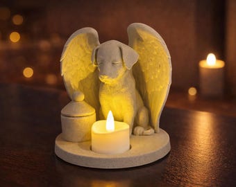Statua commemorativa a forma di cane angelo con urna e portacandele - File per stampa 3D (STL, 3MF)