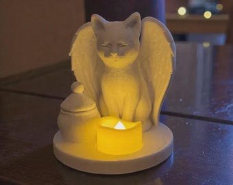 Statua commemorativa a forma di gatto angelo con urna e portacandele - File per la stampa 3D (STL, 3MF)