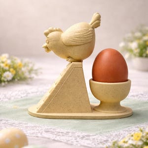 Op de afbeelding: Een beige eierhouder in de vorm van een kip met een bruin ei in een bijpassende eierdop. De houder heeft een piramide-achtige structuur. Decoratieve paaseieren staan op de voorgrond. Een charmante toevoeging aan elke keuken.