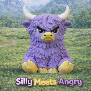 May include: A purple, cartoon-style bull figurine with white horns, yellow feet, and an angry expression. The text "Silly Meets Angry" is at the bottom. The background shows a grassy field and mountains.