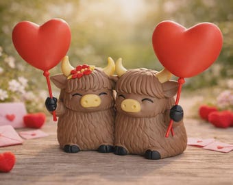 Highland Cow Couple 3D Print bestanden – Heart Balloons (STL, 3MF)