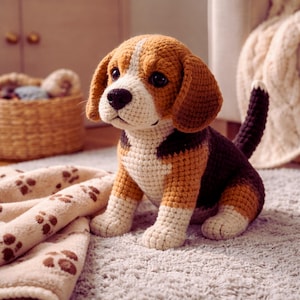 Könnte beinhalten: Gehäkelter Beagle-Hund mit braunen, weißen und schwarzen Details. Das handgefertigte Plüschtier hat Schlappohren, eine schwarze Nase und einen eingerollten Schwanz. Er sitzt auf einem hellgrauen Teppich neben einer Decke mit Pfotenabdrücken.