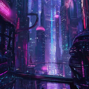 Futuristic Cyberpunk City Poster, Neon Sci-Fi Megastructure, Advanced Urban Skyline Art, Digital Download