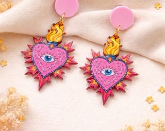 Sacred Heart earrings, heart statement earrings, boho colorful dangle earrings, religious ex voto jewelry, gift for her