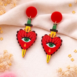 Sacred heart dagger eye earrings – Sacred heart dagger earrings, evil eye jewelry, ex-voto earrings, gothic statement earrings