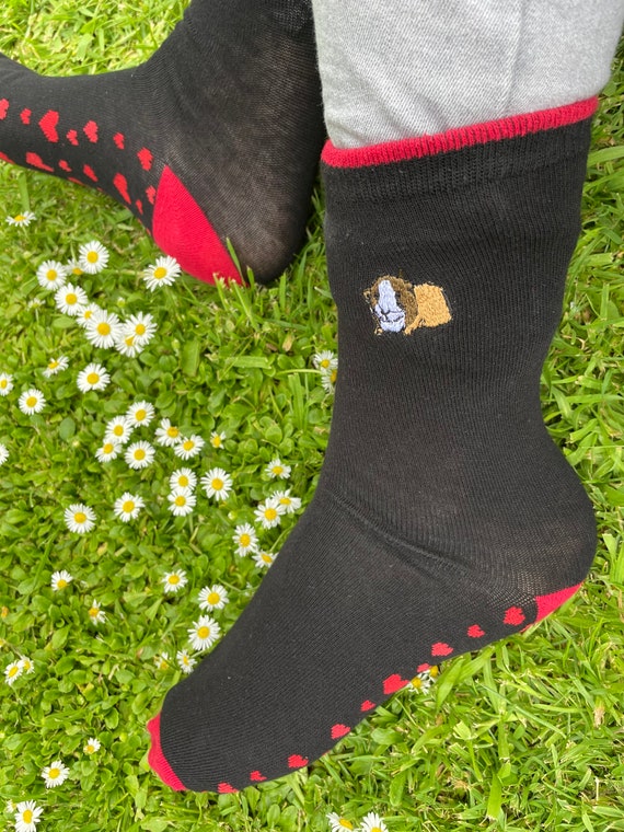 embroidered socks guinea pig gift idea Black Ladies guinea pig slipper socks