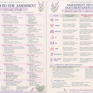 Può includere: Due fogli di riferimento infermieristico educativo intitolati Head-to-Toe Assessment e Assessment Details & Documentation Guide. Le tabelle presentano accenti floreali color lavanda, icone per i sistemi corporei e colonne che descrivono i passaggi.