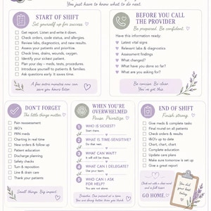 May include: A white informational sheet titled NEW GRAD RN survival sheet with purple text and lavender illustrations. It features sections for start of shift, provider calls, end of shift, and reminders, including checklists and advice for nurses.